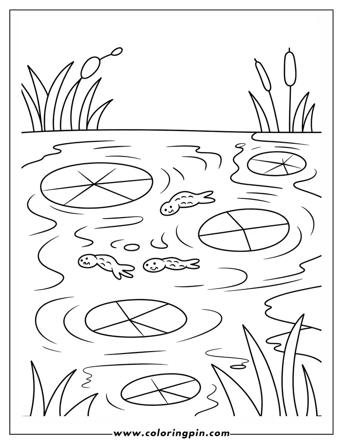 Three tadpoles swim in a pond with lily pads. Cattails and other plants are visible around the edges of the pond.