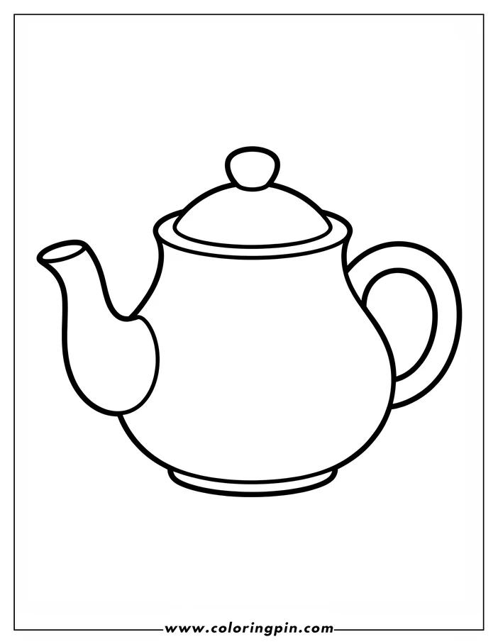 Line art of a teapot with a lid, spout, and handle.