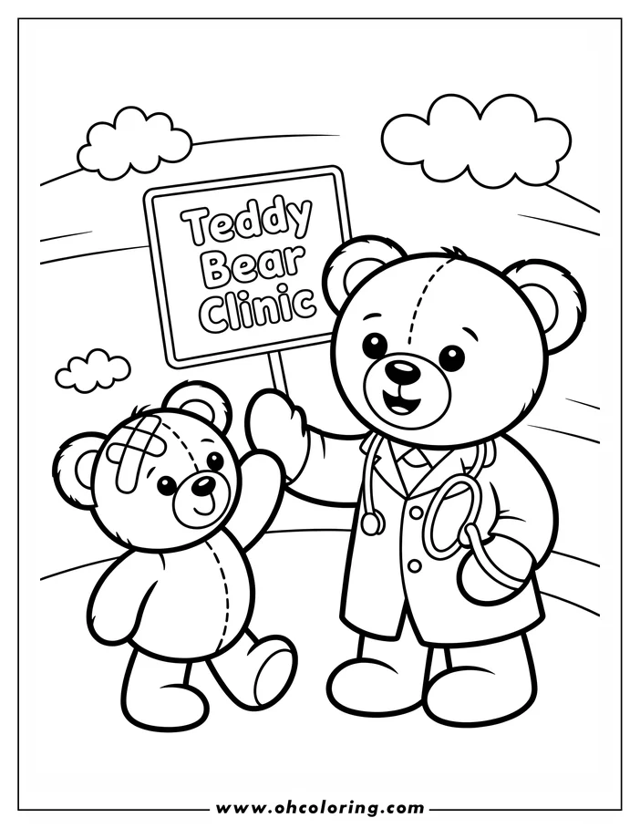 Line art of a teddy bear doctor wearing a lab coat and holding a stethoscope, standing next to a sign that reads "Teddy Bear Clinic."  Another teddy bear, with a bandage on its head, acts as the patient. This is a coloring sheet design.
