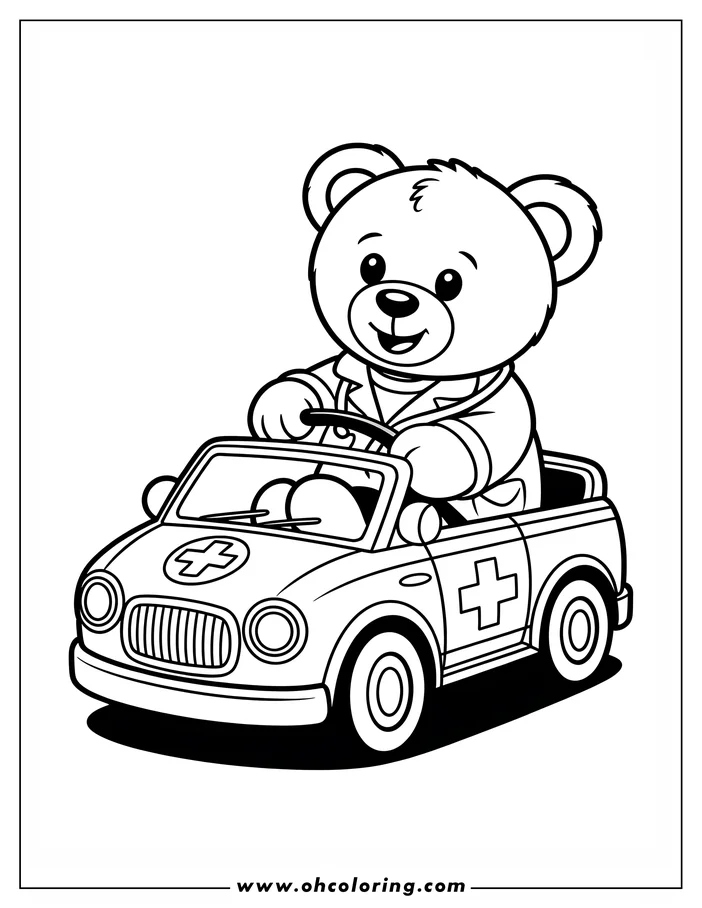 Line art of a teddy bear doctor driving a car. The bear is wearing a doctor's coat and stethoscope, with a content expression. The car is decorated with medical crosses, indicating its role as a medical vehicle. This is a coloring sheet design.