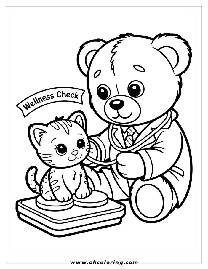 Line art of a teddy bear doctor, wearing a lab coat and tie, giving a wellness check to a cat on a scale.  The bear holds a stethoscope to the cat's chest. A banner overhead reads, "Wellness Check," indicating the scene. This drawing is a coloring sheet design ready for printing.