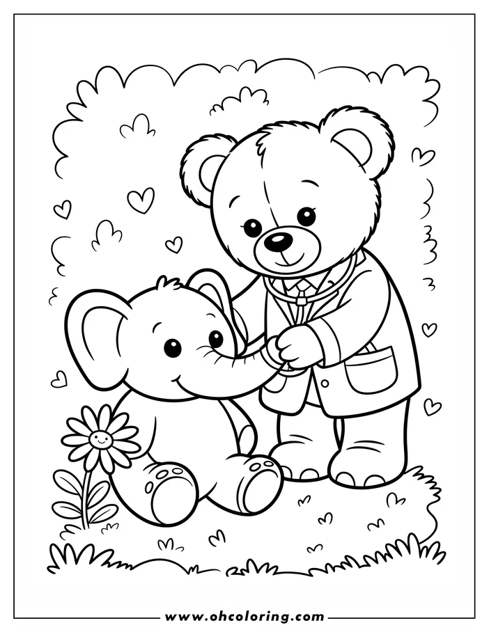 Line art of a teddy bear doctor using a stethoscope on a baby elephant. The bear wears a doctor's coat, and the elephant sits calmly with a smiling flower nearby. Hearts float around them, creating a cute and caring scene. This is a coloring page design.