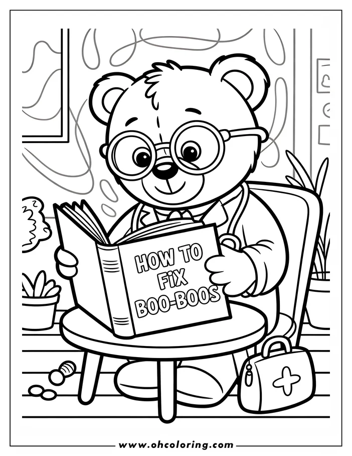 Line art of a teddy bear doctor wearing glasses and a stethoscope, sitting and reading a medical book titled 'How to Fix Boo-Boos.' A medical bag sits near his feet. This coloring sheet design is perfect for kids interested in healthcare.