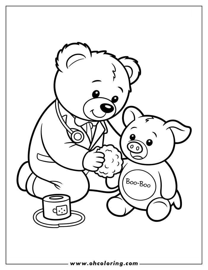 Line art of a teddy bear doctor, wearing a stethoscope, applying a bandage to a small pig patient. A roll of bandages rests on a plate beside them. This coloring sheet design depicts a caring scene, perfect for children.