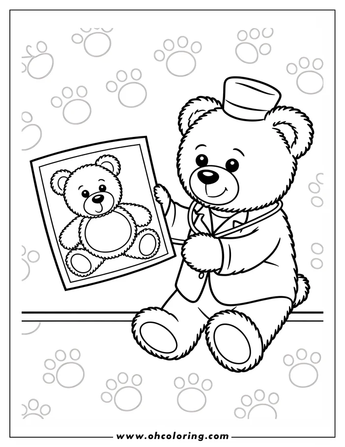 Line art of a teddy bear doctor, wearing a cap and stethoscope, holding an x-ray of another teddy bear. This coloring sheet design features paw print details in the background.