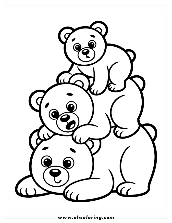 Line art of three cartoon bears stacked on top of each other. The largest bear lies down, the middle bear sits, and the smallest bear is on top.