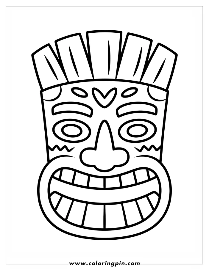 Line art of a Tiki mask with a large smile, round eyes, and a spiky headdress.