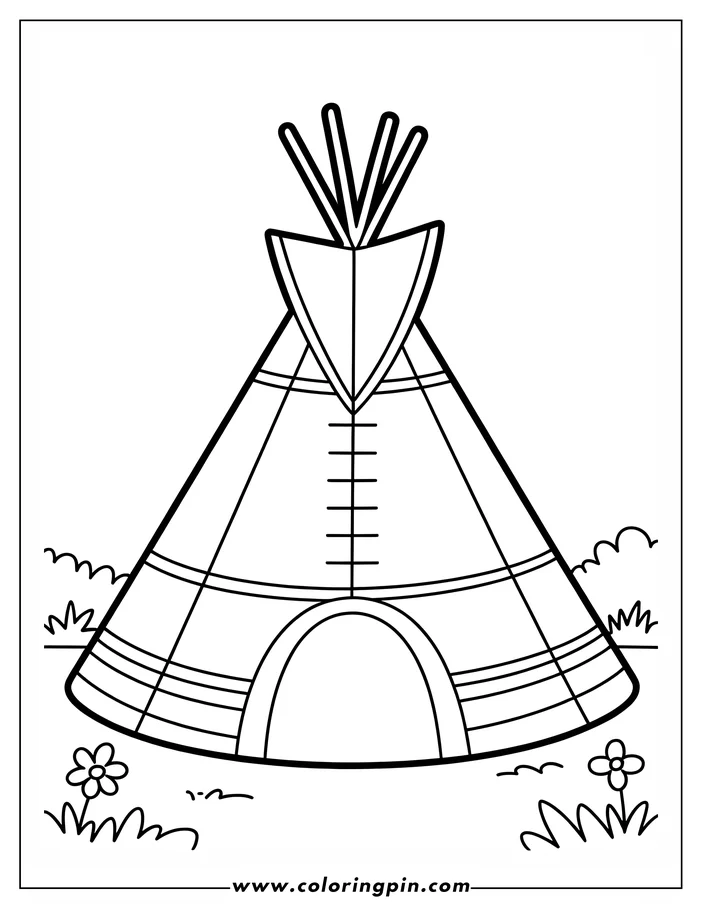 Line art of a tipi with a rounded doorway and supports at the top, sitting in a field with small flowers nearby.