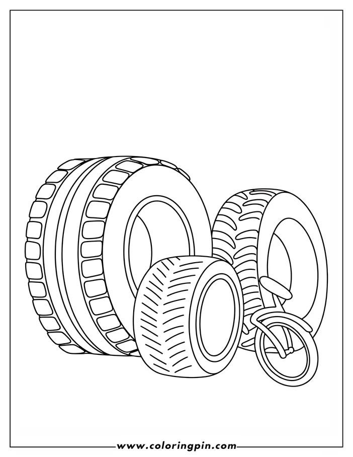 Line art of three tires and a tricycle. Two tires have detailed tread patterns and one has a simpler design.  A tricycle with one large front wheel and two small rear wheels is positioned near the tires.