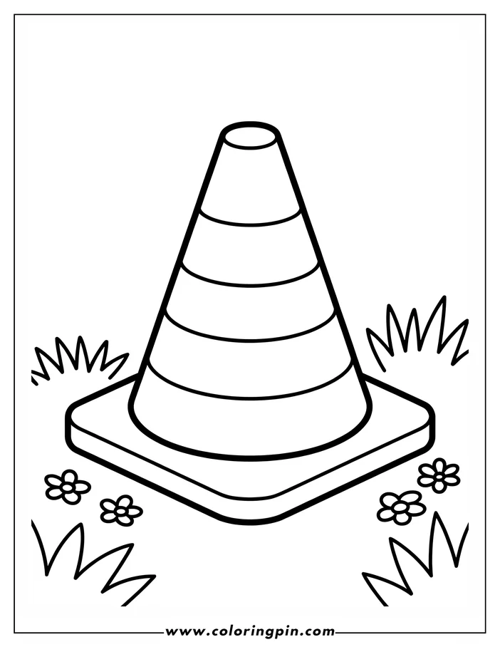 Line drawing of a traffic cone.  It sits on a square base and has three horizontal stripes around its center. Grass and simple flowers surround the base.
