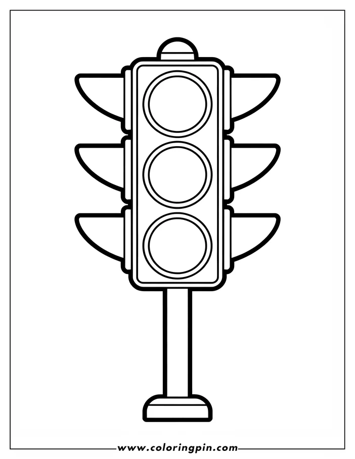 Line drawing of a traffic light with three lights and visors, standing on a pole.