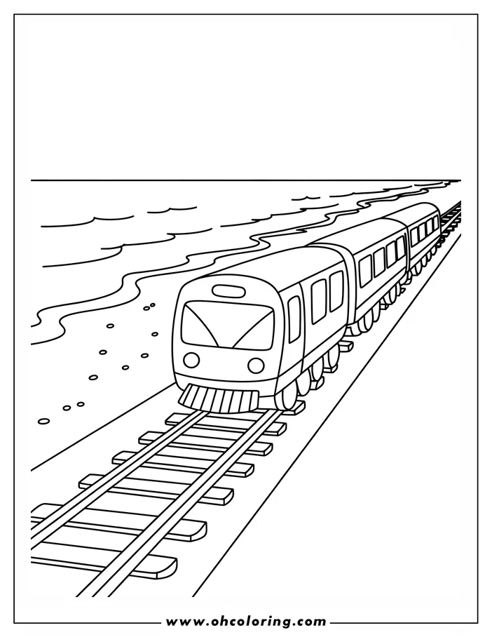 Outline of a train traveling on tracks by the sea.