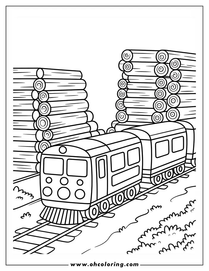 Line drawing of a train carrying logs on a track with logs stacked to the side.