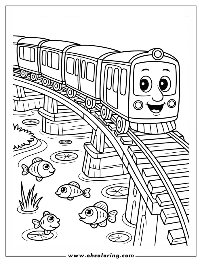 Line art of a smiling train traveling across a bridge over water with fish below.