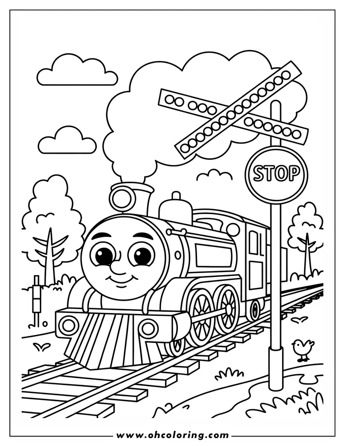 Cartoon train stopped at a railroad crossing with stop sign and gate. A small bird sits nearby.