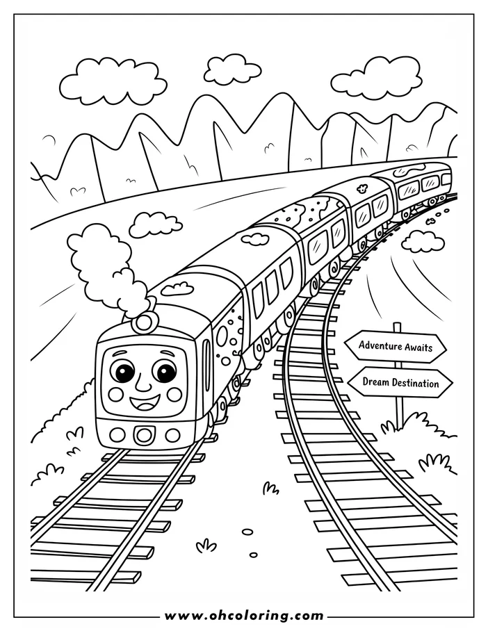 Line art of a cheerful train traveling on a winding track through a mountainous landscape. Signposts reading "Adventure Awaits" and "Dream Destination" are visible beside the tracks.