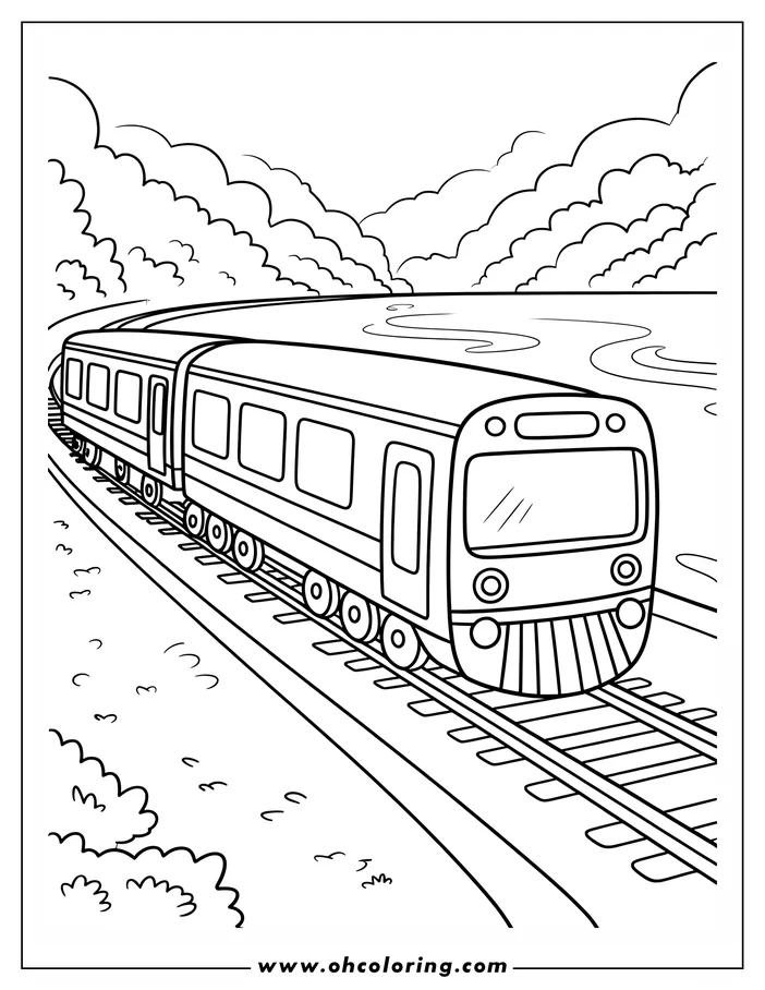 Line art of a train traveling on tracks, with a river and clouds in the background.
