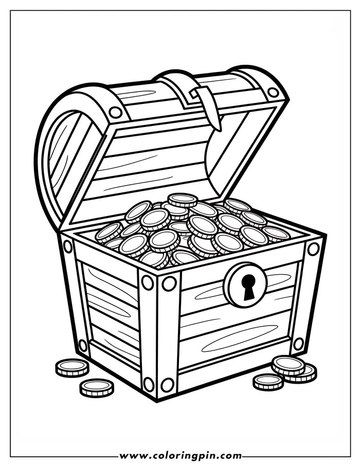 Open treasure chest overflowing with gold coins, with a few coins scattered around the base.