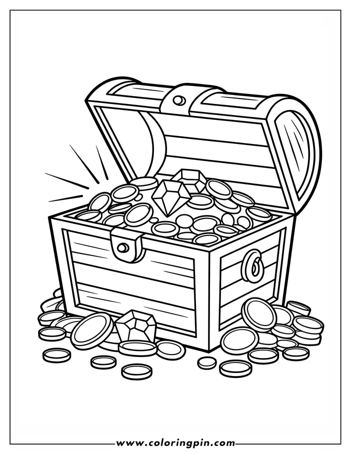 Outline of an open treasure chest filled with gold coins and jewels. Some jewels and coins spill out onto the ground below.