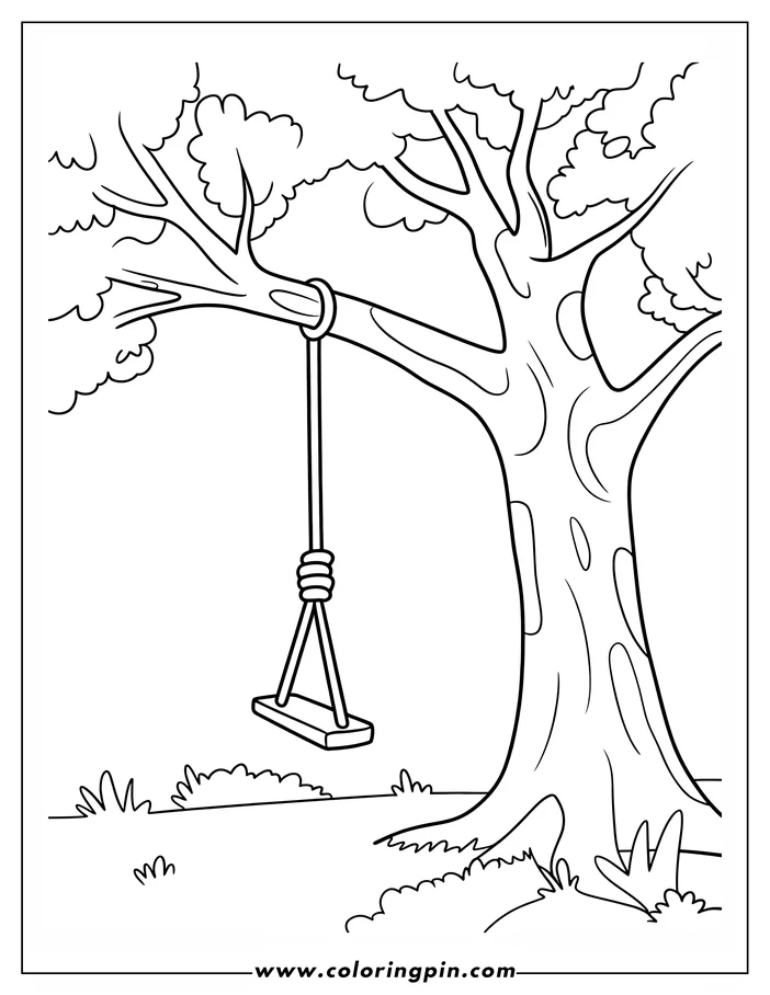 Line art of a tree swing hanging from a large tree with a heart carved in its trunk.  Rolling hills form the background of this coloring page design.