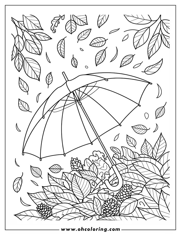 Line art of an open umbrella with falling autumn leaves and pine cones