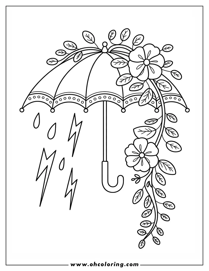 Line art of an open umbrella with a floral vine, raindrops, and lightning bolts.