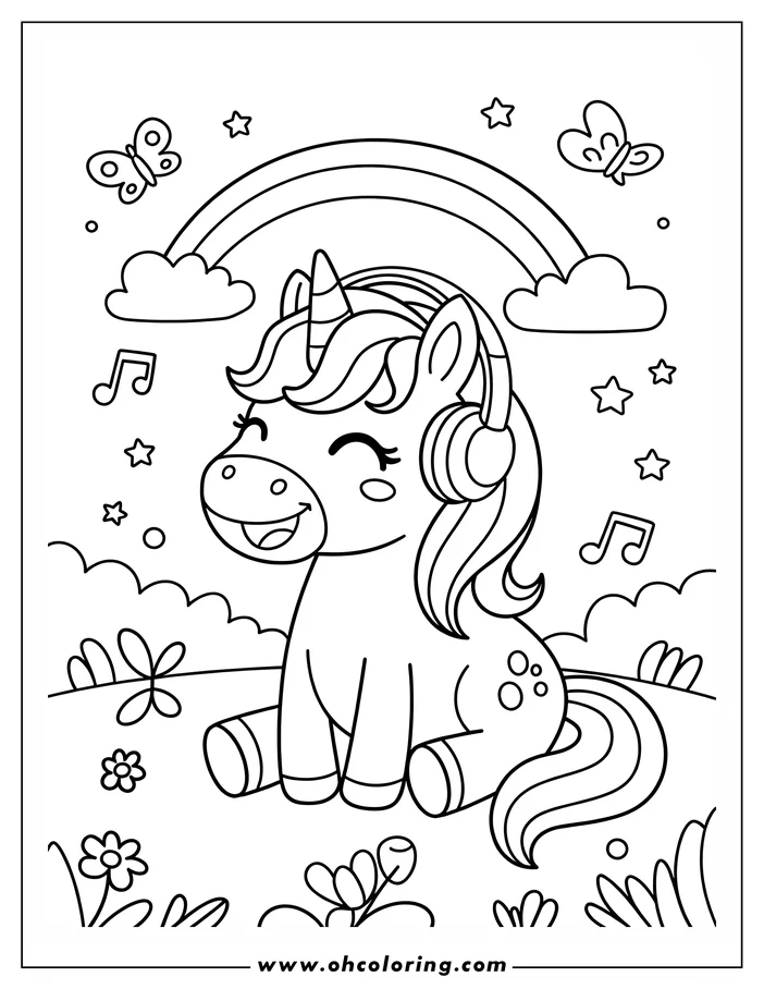 Outline of a happy unicorn wearing headphones, listening to music with a rainbow overhead