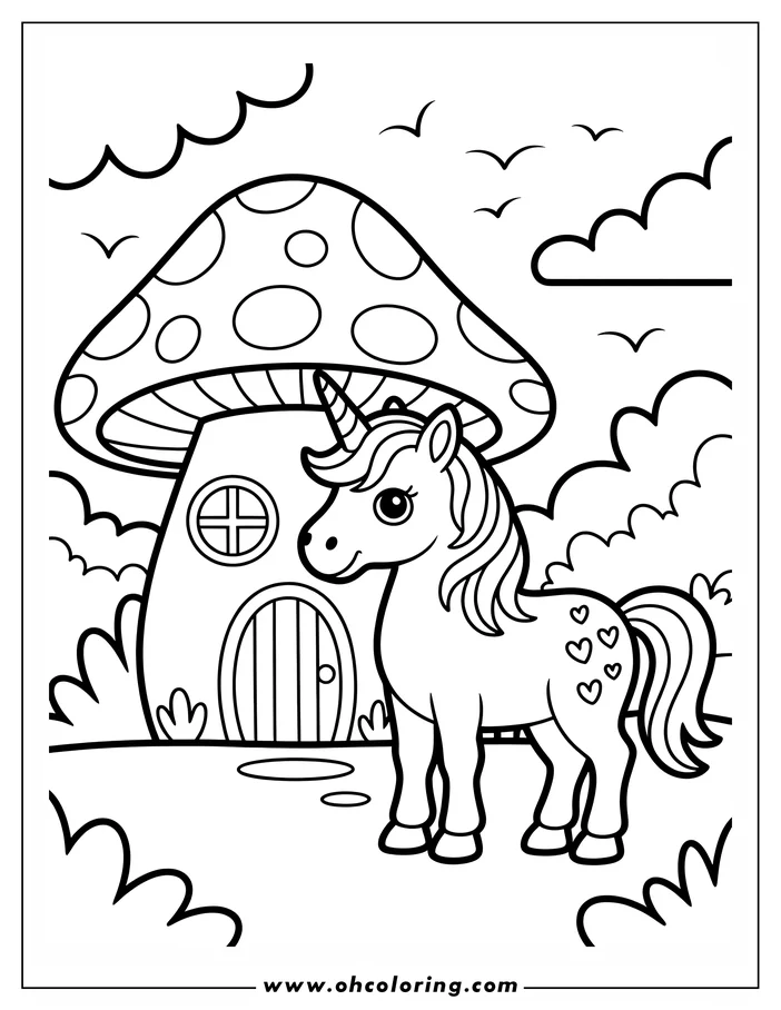 Line art of a unicorn standing near a mushroom house. The unicorn has a flowing mane and heart shapes on its flank, and birds soar in the sky above.