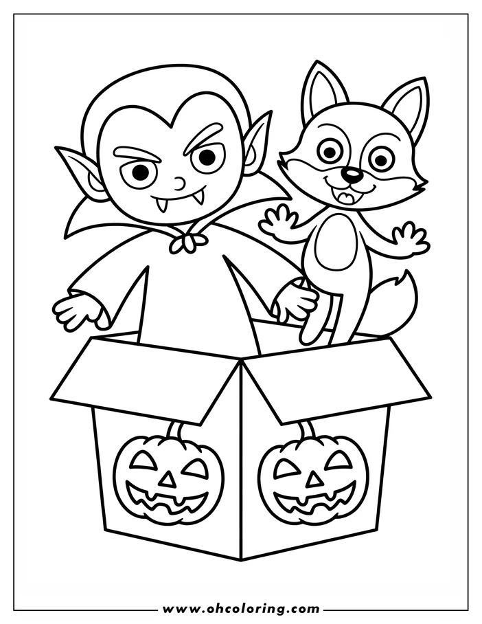 Line art of a vampire and a fox inside a box decorated with jack-o'-lanterns. The vampire and fox have friendly expressions. This is a Halloween-themed coloring sheet design.