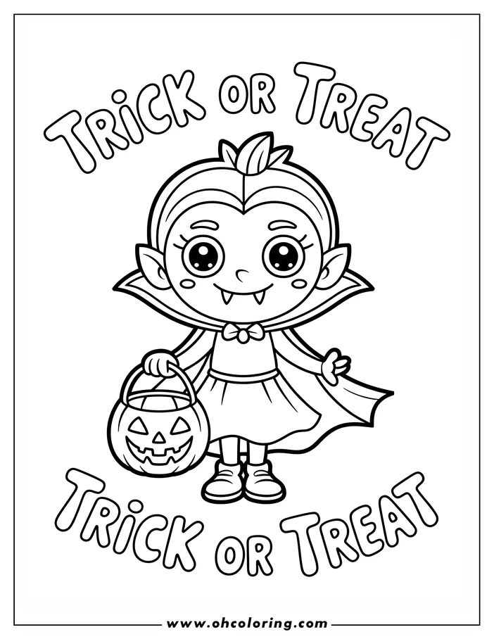 Line art of a cute cartoon vampire ready for trick-or-treating.  The vampire wears a cape and holds a pumpkin basket and has two visible fangs. The words "Trick or Treat" appear above and below the character. This image is a coloring sheet design.