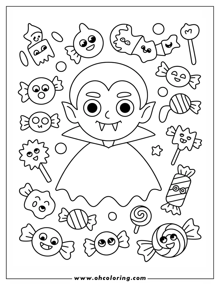 Line art of a cartoon vampire surrounded by various Halloween candies. The vampire wears a cape and has fangs, with a friendly expression. The candies, including lollipops and wrapped sweets, have cute faces and expressions, creating a fun and playful Halloween-themed coloring sheet design.