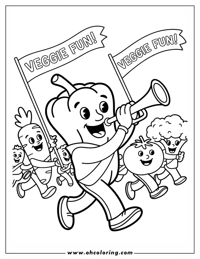 Line art of cartoon vegetables marching in a parade. A bell pepper plays a trumpet at the front, followed by a carrot, onion, tomato, and broccoli, all with smiling faces. They carry banners that say "Veggie Fun!"  A fun coloring sheet design.