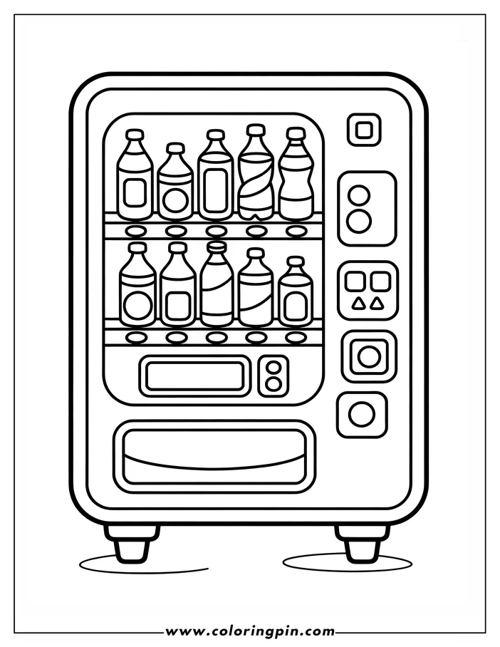 Line drawing of a vending machine stocked with various beverages.