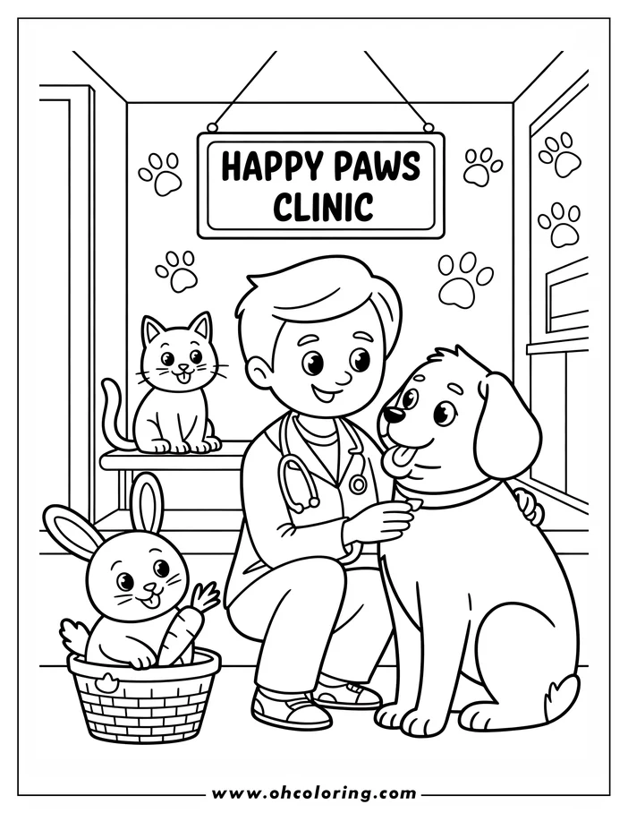 Line art of a veterinarian examining a dog at a clinic. A cat and a rabbit are also present in the scene.