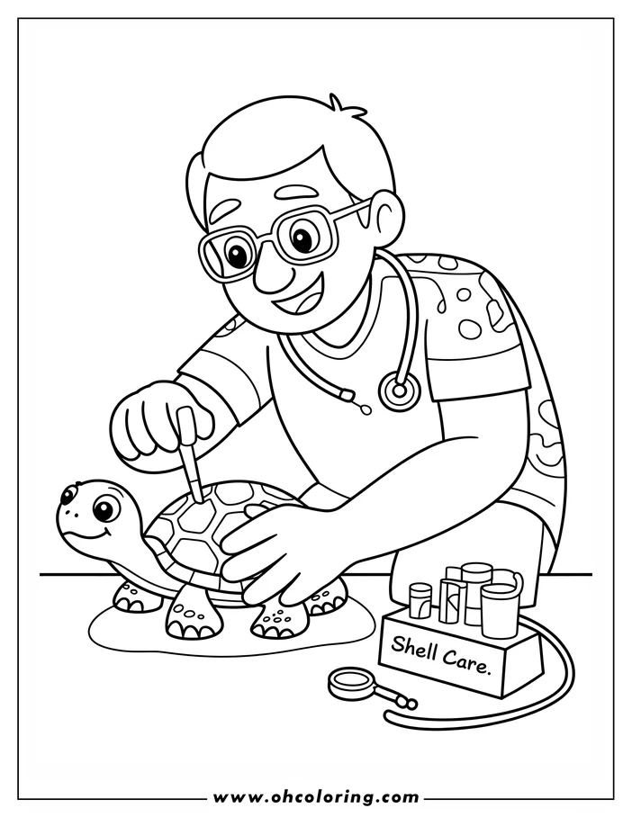 Line art of a veterinarian examining a turtle. The veterinarian, wearing glasses and a stethoscope, appears to be giving the turtle a checkup.