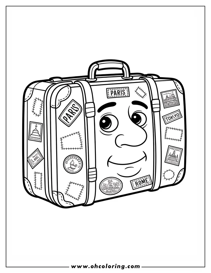 Line art of a vintage suitcase covered in travel stickers from cities like Paris, Rome, and Tokyo. The suitcase has a cartoon face, adding a whimsical element to this coloring page design.