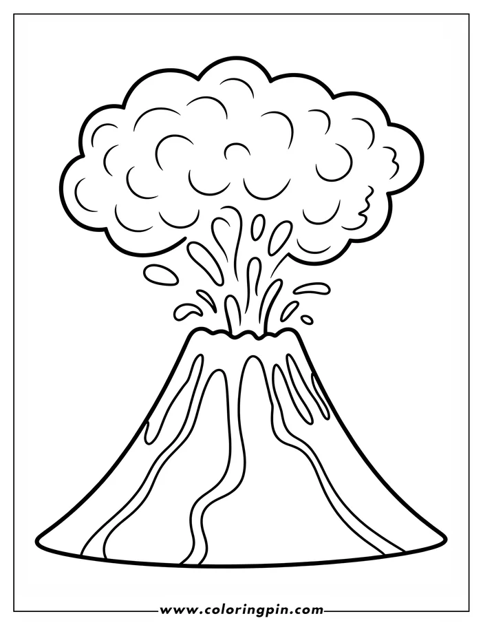 Line art of a volcano erupting, with lava flowing down its sides and a cloud of smoke and ash above.