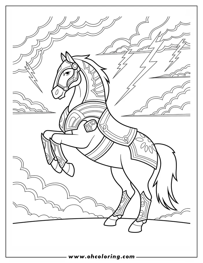 Line art of a war horse rearing, wearing decorative armor, with lightning in the background.