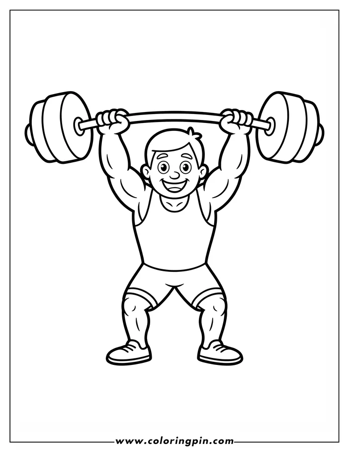 Outline of a weightlifter lifting a barbell above his head. He's wearing a singlet and sneakers and looks strong. 