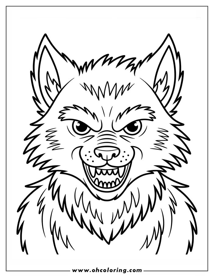 Line art of a werewolf with bared teeth. Its fur is thick and spiky, and its eyes are narrowed. A coloring sheet design perfect for Halloween or fantasy enthusiasts.