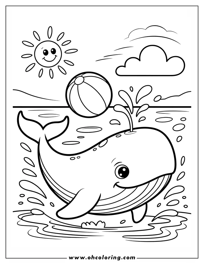 Line art depicting a playful whale spouting water near a beach ball in the ocean. A smiling sun and a cloud are visible in the sky above the scene, creating a cheerful ambiance for this children's coloring sheet.