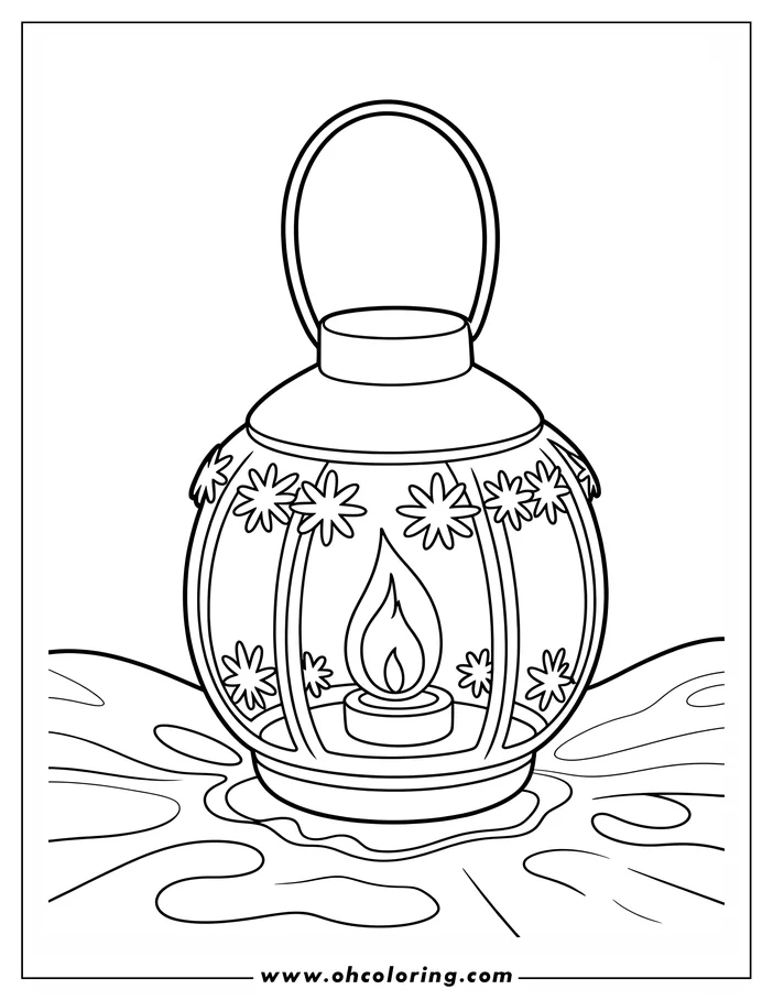 Line art of a winter lantern with a lit candle inside, sitting on a snow-covered surface. The lantern is round, decorated with flower shapes, and has a handle at the top. This coloring sheet design is perfect for a winter-themed project.