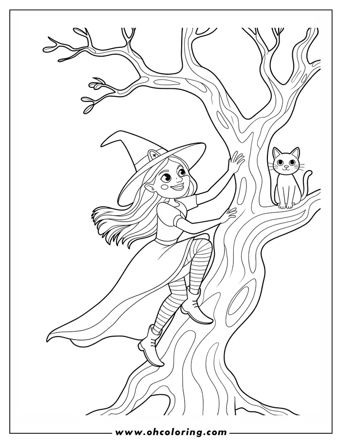 Line art of a witch climbing a tree with a cat perched on a branch above. This coloring sheet design features a friendly witch with a pointed hat, flowing dress, and striped stockings. The scene has a playful Halloween theme, ready for coloring.