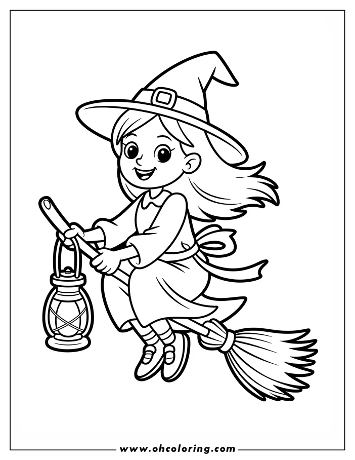 Line art of a witch flying on a broomstick, holding a lantern.  She wears a pointed hat and flowing dress. This coloring sheet design is ready to be colored.