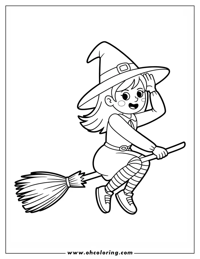 Line art of a witch soaring through the air on a broomstick. She's wearing a pointed hat and holding one hand up to it, with her hair flowing behind her. A simple coloring sheet design perfect for Halloween or imaginative play.