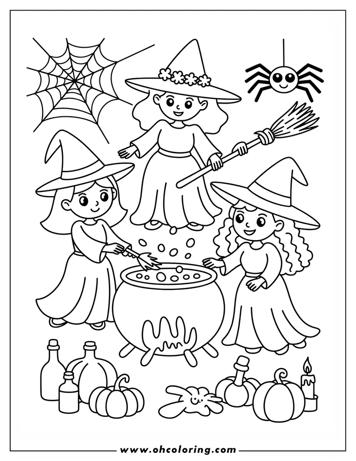 Line art of three witches brewing a potion.  They are stirring a cauldron over a fire. The scene includes Halloween elements like pumpkins, potion bottles, a spider, a spiderweb, a broom and a lit candle. This is a coloring sheet design.