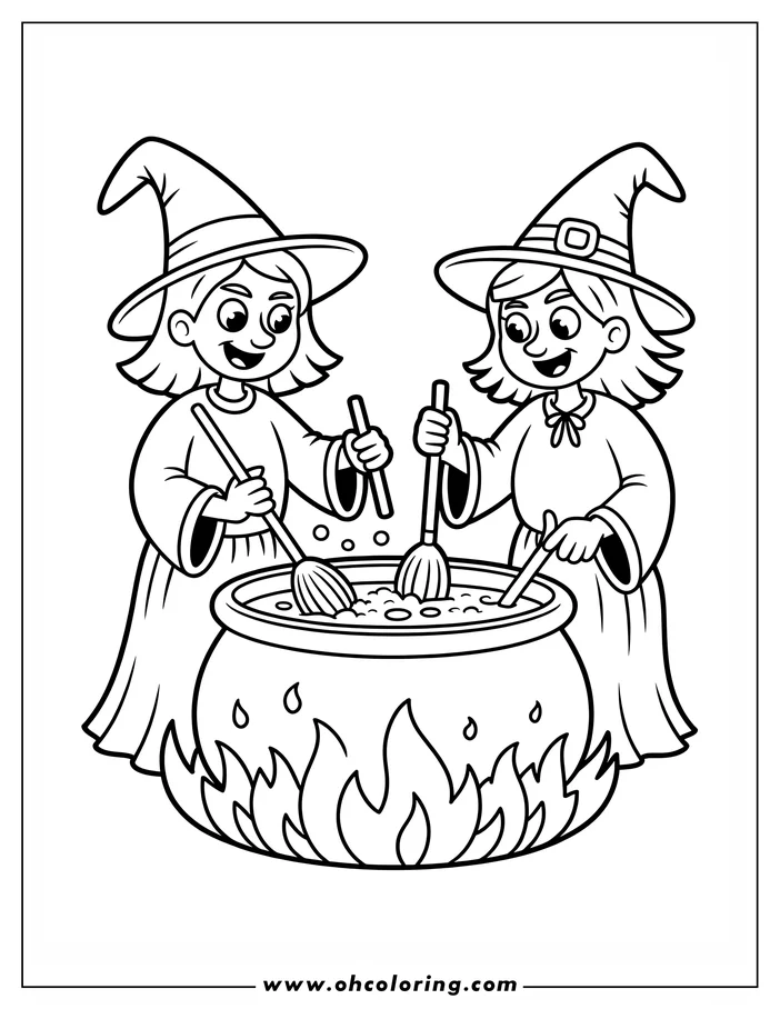 Line art of two friendly witches stirring a bubbling cauldron over a fire. They are wearing pointed hats and robes. This Halloween-themed drawing is a coloring sheet design.