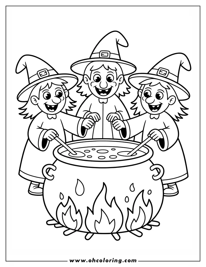 Line art of three witches stirring a potion in a cauldron over a fire.  They wear pointed hats and are smiling. The cauldron sits on a fire, with flames licking its sides.  This is a drawing for coloring, suitable as a Halloween coloring sheet.