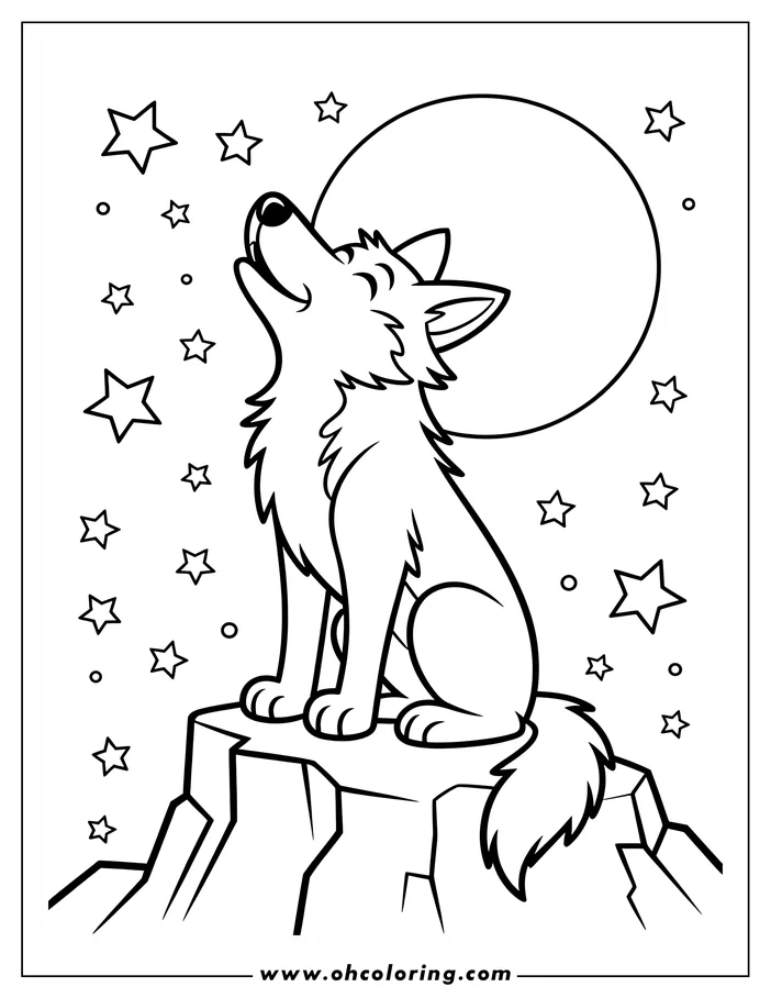 Outline of a wolf sitting on a mountaintop under a starry night sky with a full moon