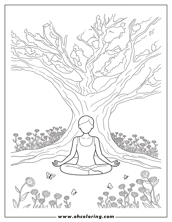 Line art of a woman meditating in a peaceful natural setting under a large tree.  Butterflies flutter amongst the flowers growing around her. This Earth Day coloring sheet design promotes tranquility and connection with nature.